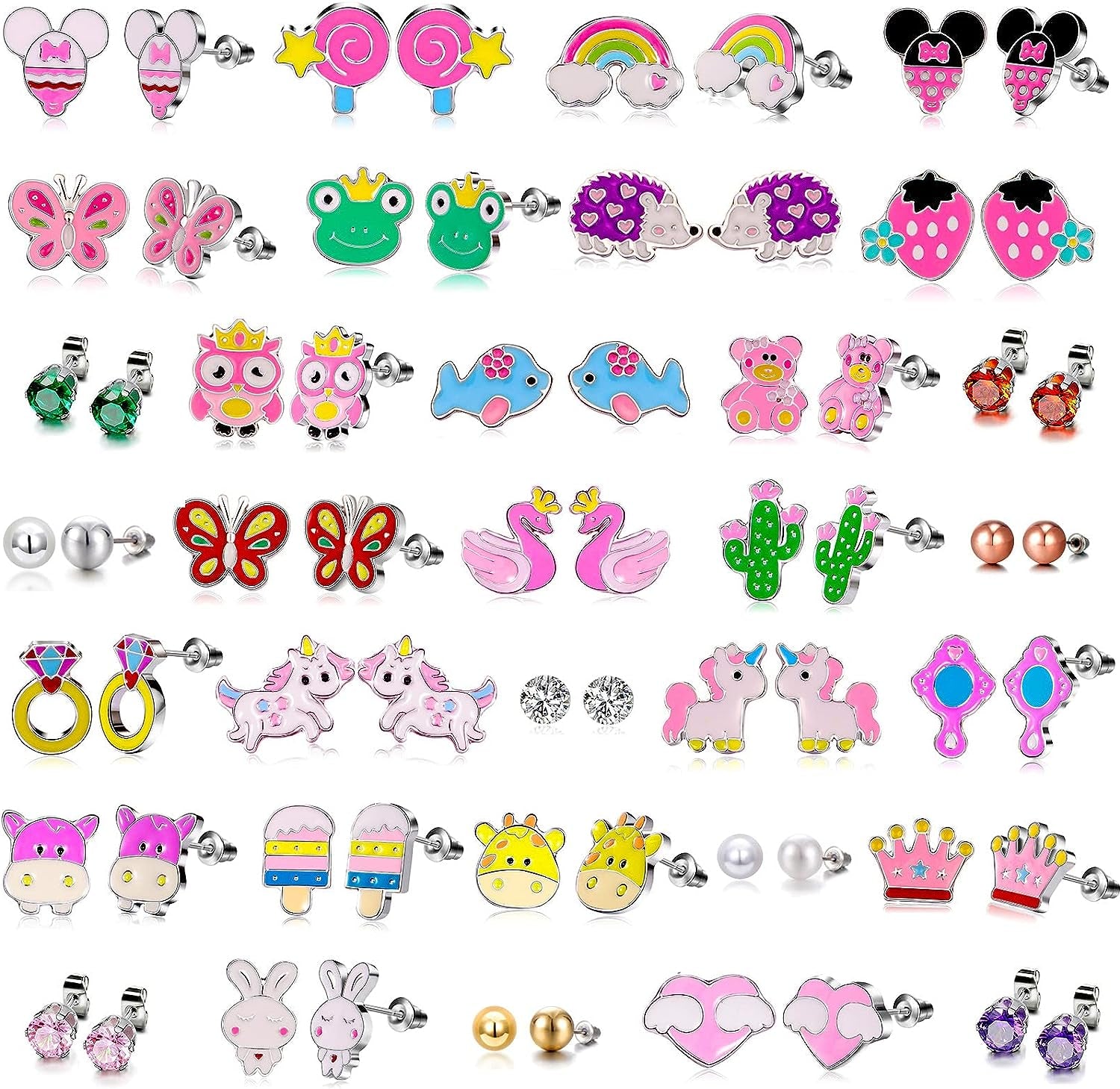 33/30 Pairs Hypoallergenic Earrings for Girls Sensitive Ears with Stainless Steel Post -Assorted Cute Stud Earrings for Teens Girls Women