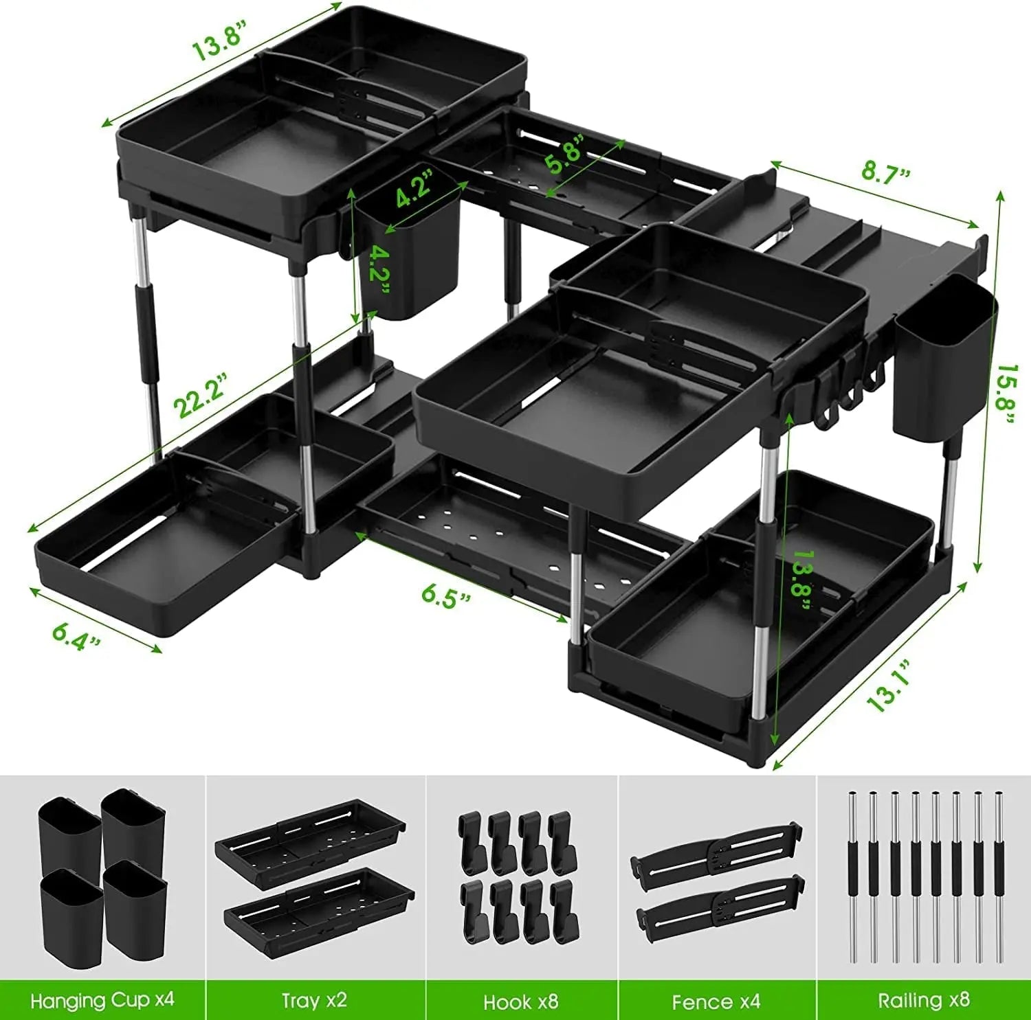 Double Sliding under Sink Organizers and Storage - 2 Tier Pull Out under Kitchen Cabinet Organizer W 4 Hanging Cup,8 Hooks,4 Dividers, under Counter Sink Organization for Bathroom, Adjustable H and W