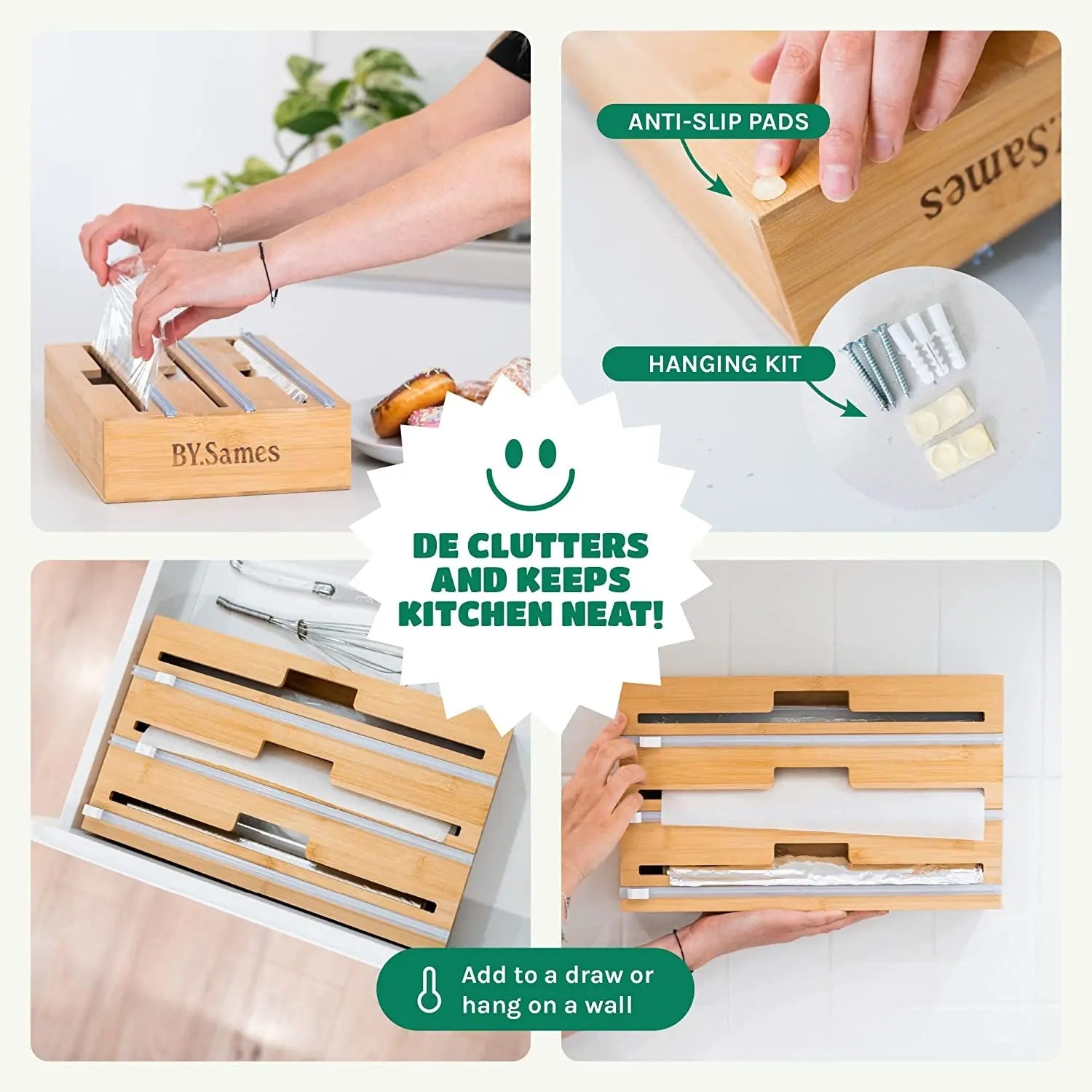 3 in 1 Cling Wrap Organiser (Aussie Sizes) for Kitchen Storage & Organisation, Cling Wrap Dispenser with Cutter for Drawer, Pantry Organiser Fits Aluminium Foil, Baking Paper, Plastic Wrap 33Cm Roll