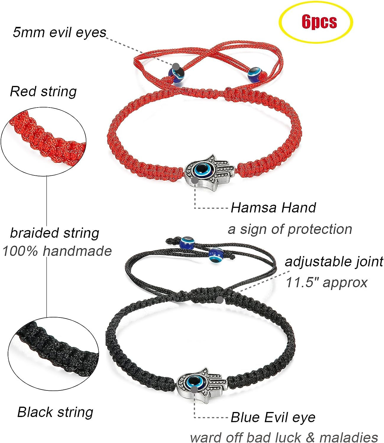 6Pcs Braided String Kabbalah Bracelets Rotating Evil Eye Hamsa Hand for Protection Bracelet Red/Black String