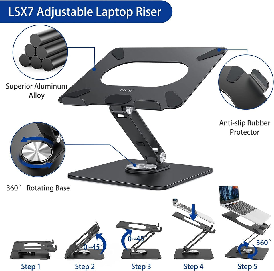 LSX7 Laptop Stand with 360° Rotating Base, Ergonomic Adjustable Notebook Stand, Riser Holder Computer Stand Compatible with Air, Pro, Dell, HP, Lenovo More 10-15.6" Laptops (Black)