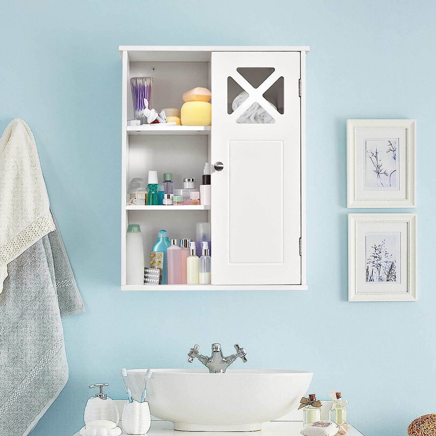 Bathroom Medicine Cabinet, Wall-Mounted Storage Cabinet, Storage Organizer W/Adjustable Shelves & Open Compartments for Bathroom, Living Room, Kitchen, White