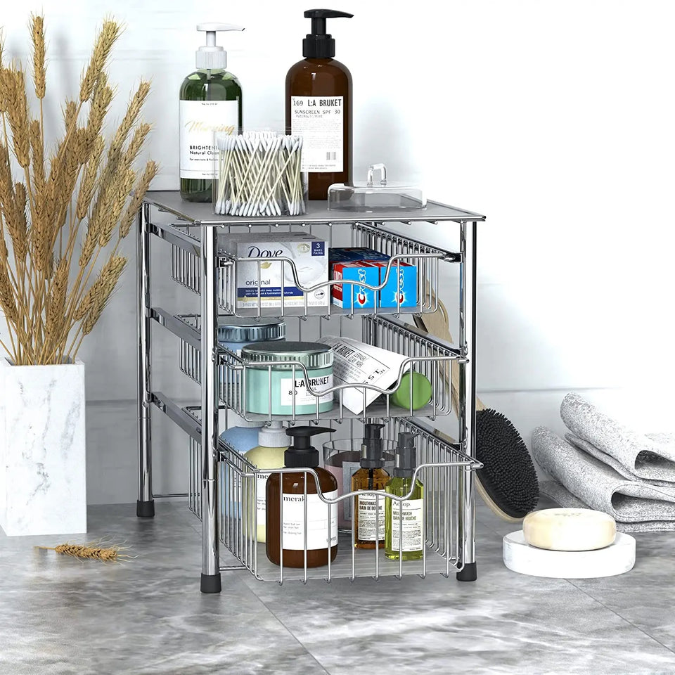Simplehouseware Stackable 3 Tier Sliding Basket Organizer Drawer, Chrome