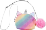 Cute Unicorn Crossbody Bag Mini Purse Colorful Pompom Shoulder Handbag Plush Ball for Children Girl Gift