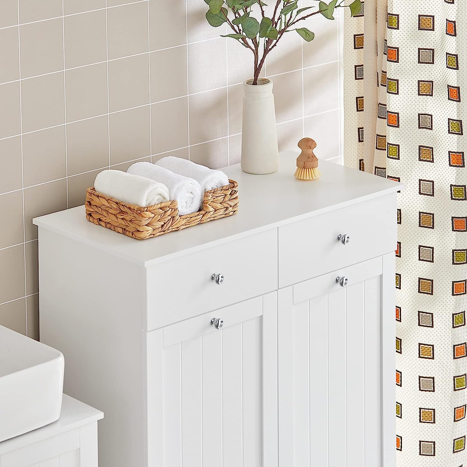 BZR33-W, 2 Drawers 2 Doors Laundry Cabinet Laundry Chest with 2 Removable Laundry Baskets, Bathroom Cabinet