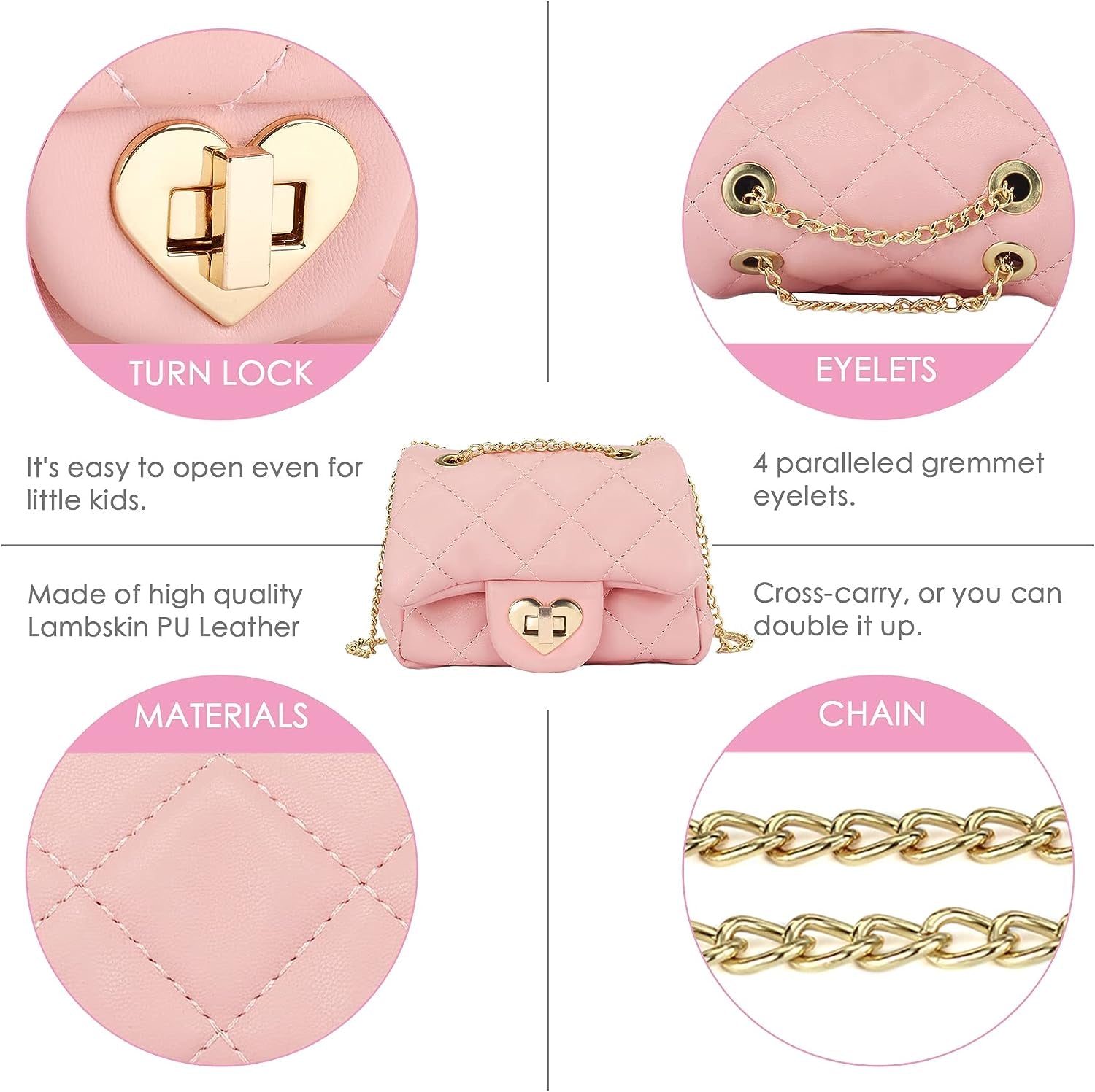 Kids Glitter Purse for Little Girls Toddler Crossbody Bags, Lambskin Pink, Medium