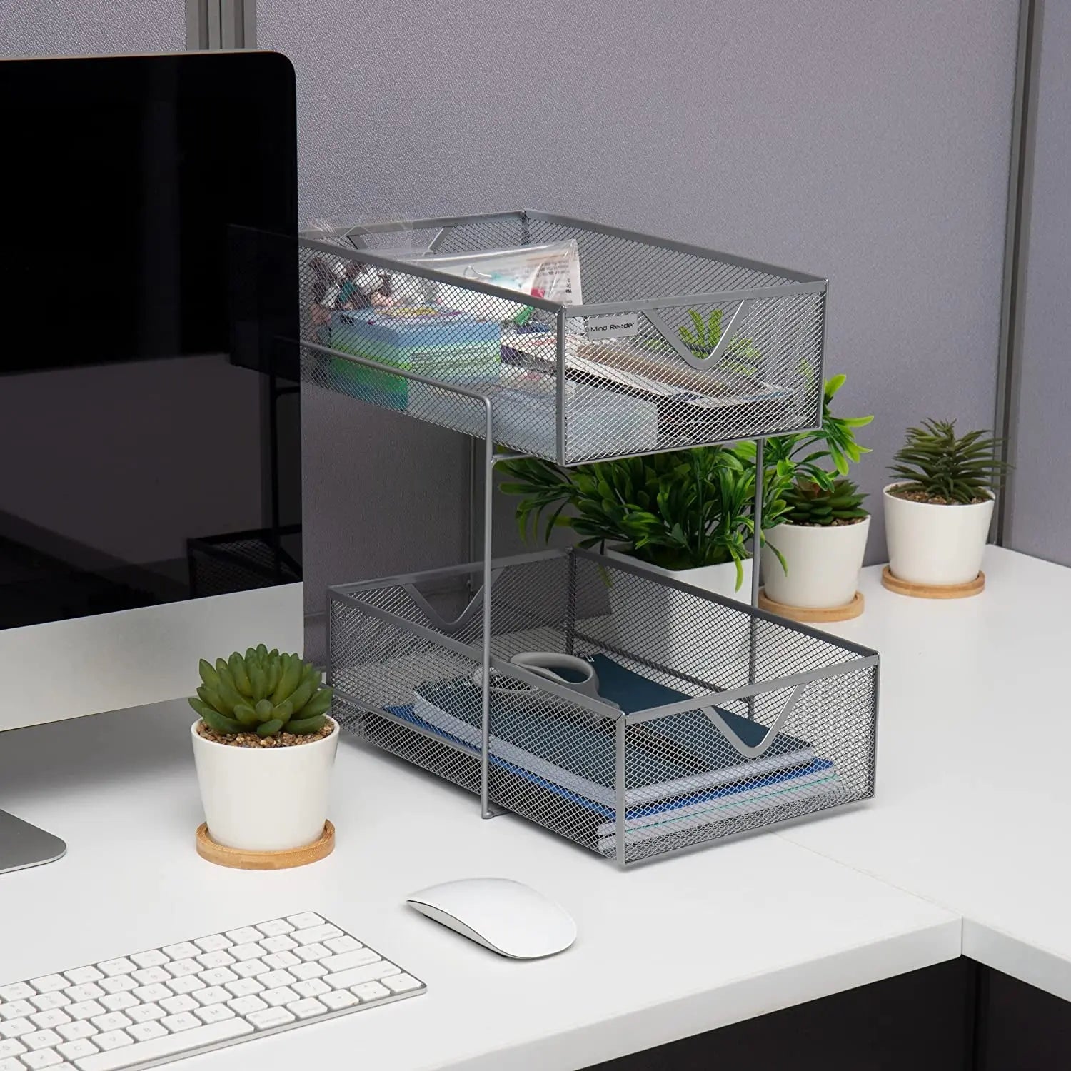 2 Tier Metal Mesh Storage Baskets Organizer, Home, Office, Kitchen, Bathroom, Silver