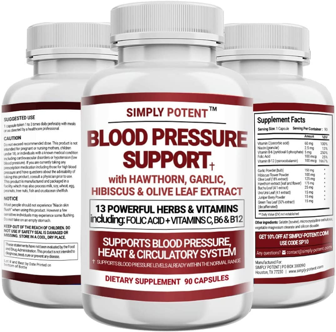Blood Pressure Support Supplements 90 Capsules - Healthy Heart, Cholesterol, Cardio, Hypertension Vitamins & Herbs - Folic Acid, Vitamins C B6 & B12, Garlic 90 Capsule