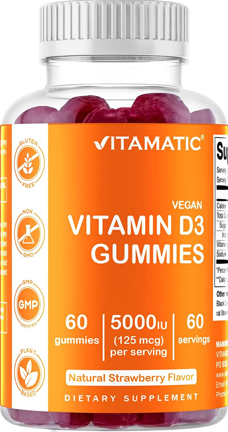 Vitamin D3 Gummies - 5000 IU - 60 Vegan Gummies - Great Taste - Healthy Bones, Teeth, Mood, Joint & Immune System Function