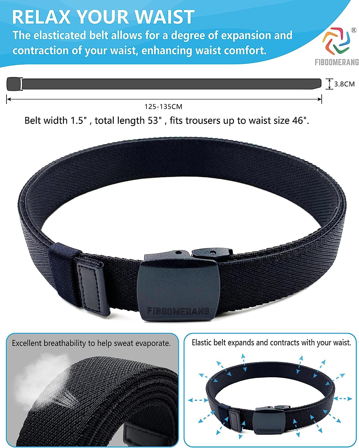 Mens Belt,  Tactical Belt for Mens Jeans, Heavy Duty Belt with Stretch Nylon Web and YKK Plastic Buckle, Width 1.5" Length 53"