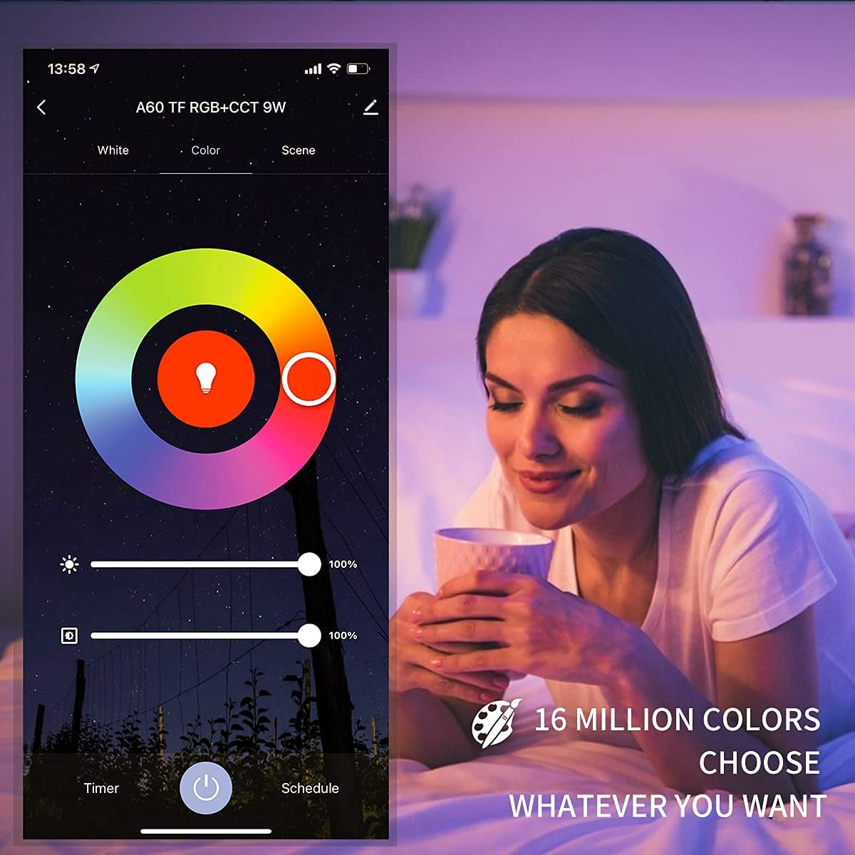 Smart Light Bulbs  E27 A60 9W RGBCW Wifi Light Bulb, Dimmable Led Light, 2.4Ghz Only, Compatible with Alexa ,Google Home No Hub Required (1 Pack)