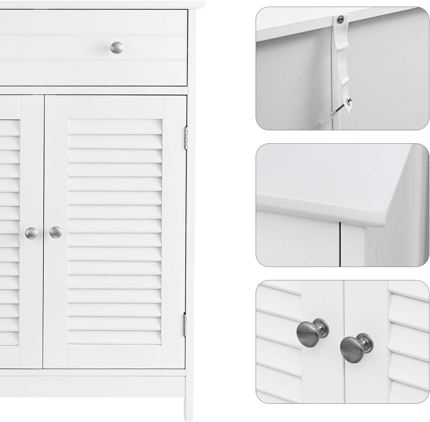 BBC51WT Bathroom Cabinet, 60 X 30 X 80 Cm, Storage Cabinet with 2 Slat Doors, Drawer, Adjustable Shelf, Scandinavian Style, Matt White