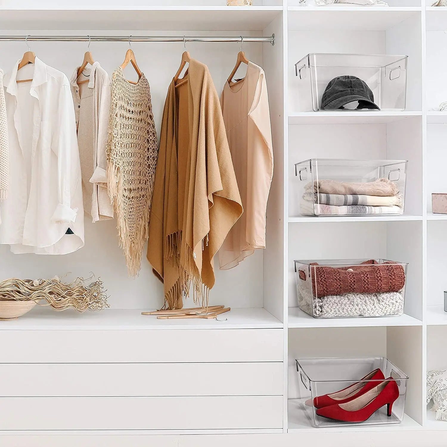 [4 Pack]  Extra Large Clear Storage Containers Pantry Organiser for Closet, Pantry, under Sink, Bathroom - Stackable Plastic Storage Bins with Handle for Cabinet, Cupboard, Kitchen & Home Organisation