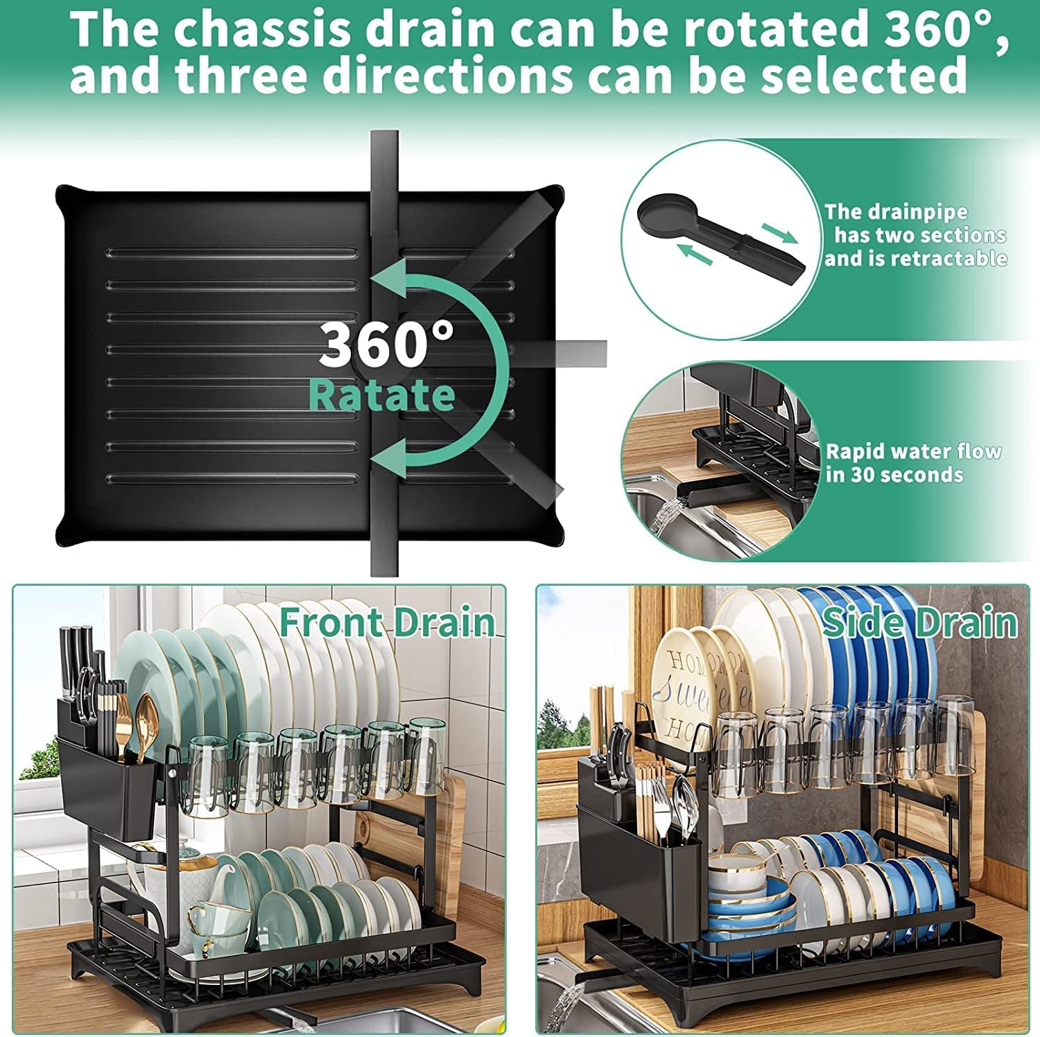 Dish Drying Rack, 2 Tier Dish Rack with Drain Board for Kitchen Counter, Stainless Steel Dish Drainer with Drainage Utensil Holder, Cutlery Rack, Cup Holder, Cutting Board Holder