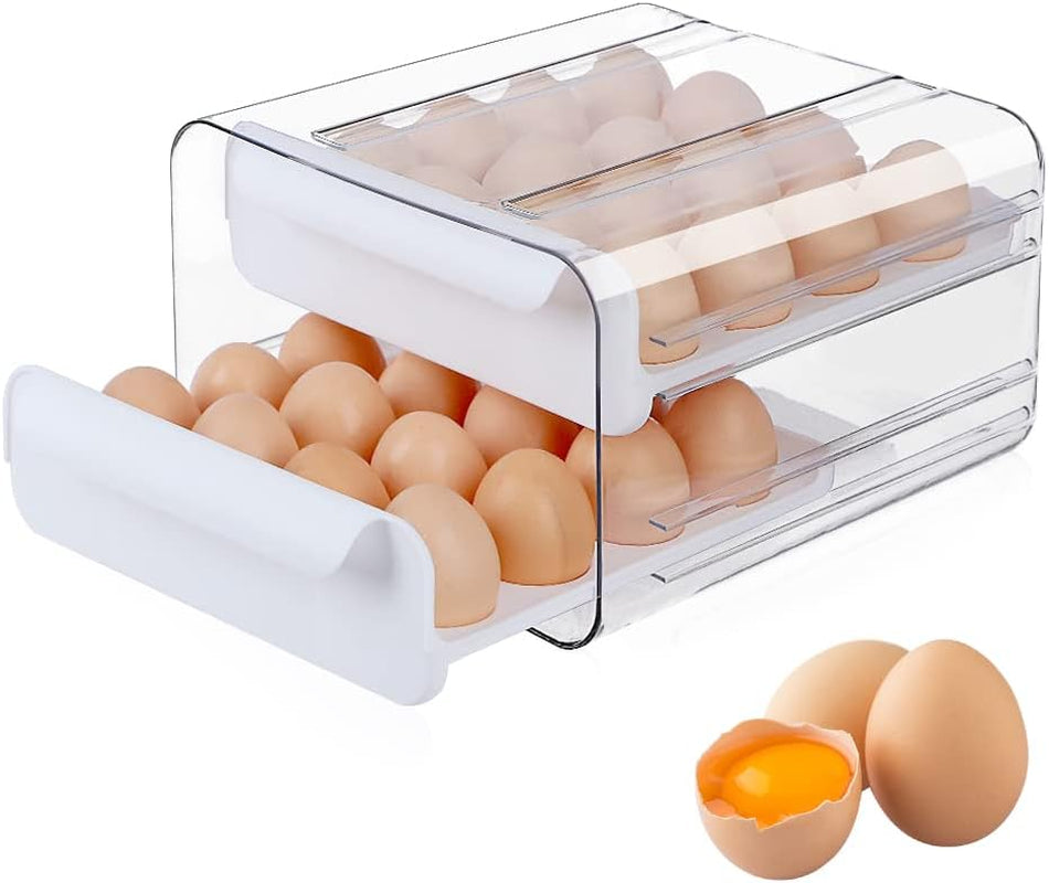Egg Holder for Refrigerator, Double-Layer 32 Grid Egg Holder, Fridge Egg Drawer Organiser, Refrigerator Storage Egg Tray, Stackable Egg Container Drawer, Clear Plastic Egg Organizer