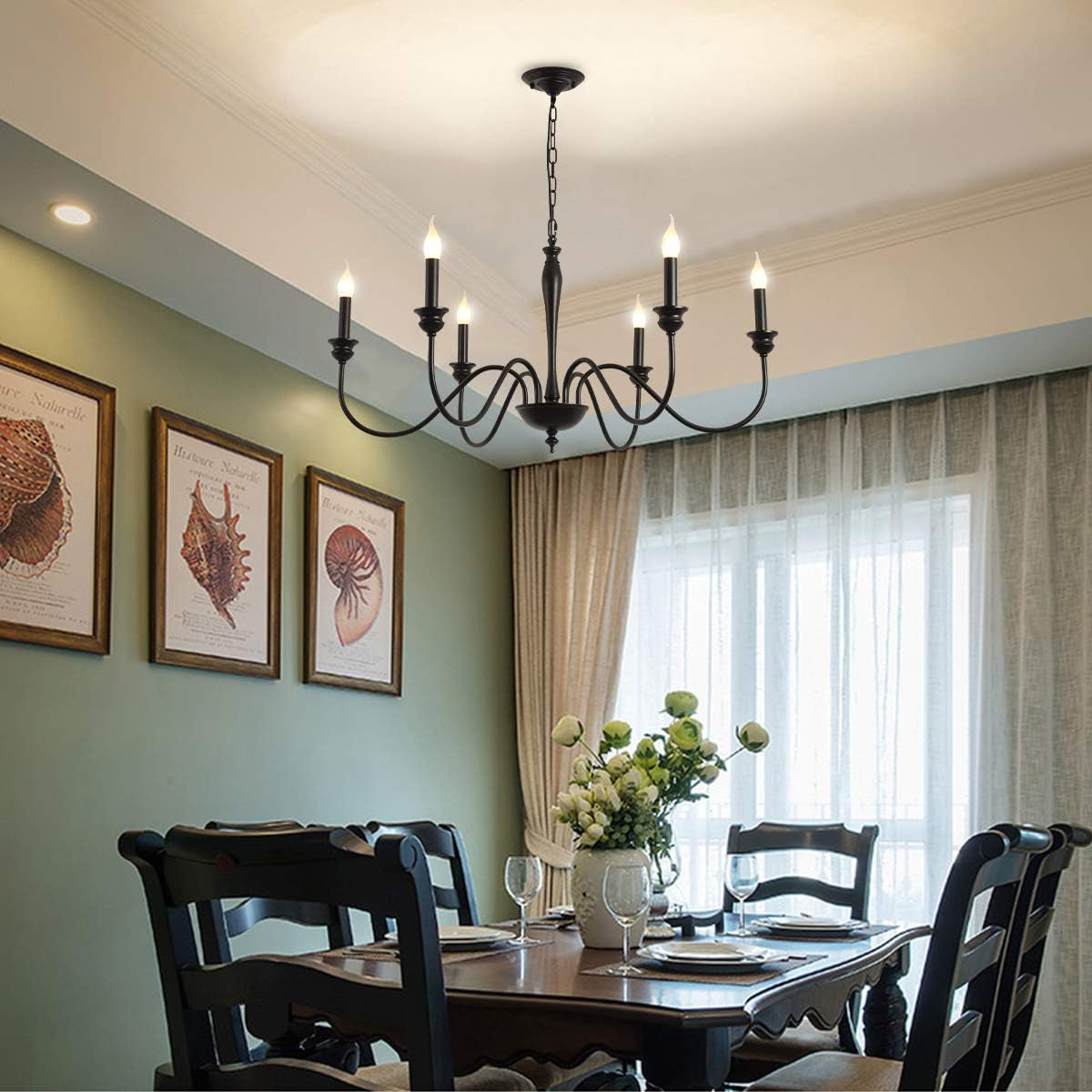 6-Light Farmhouse Chandeliers Black Classic Candle Ceiling Pendant Light Fixture Rustic Ceiling Chandelier for Foyer,Living Room,Kitchen Island,Dining Room