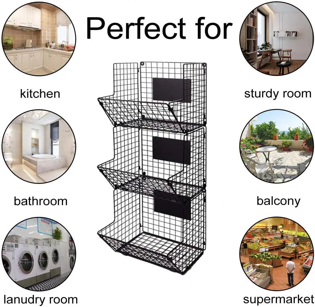 Fruit Vegetable Storage Basket for Kitchen, 3 Tier Stackable Wall Mount & Countertop & Hanging Metal Wire Baskets Organiser with Hooks, Kitchen Produce Tiered Counter Organizer Bin Rack(Black)