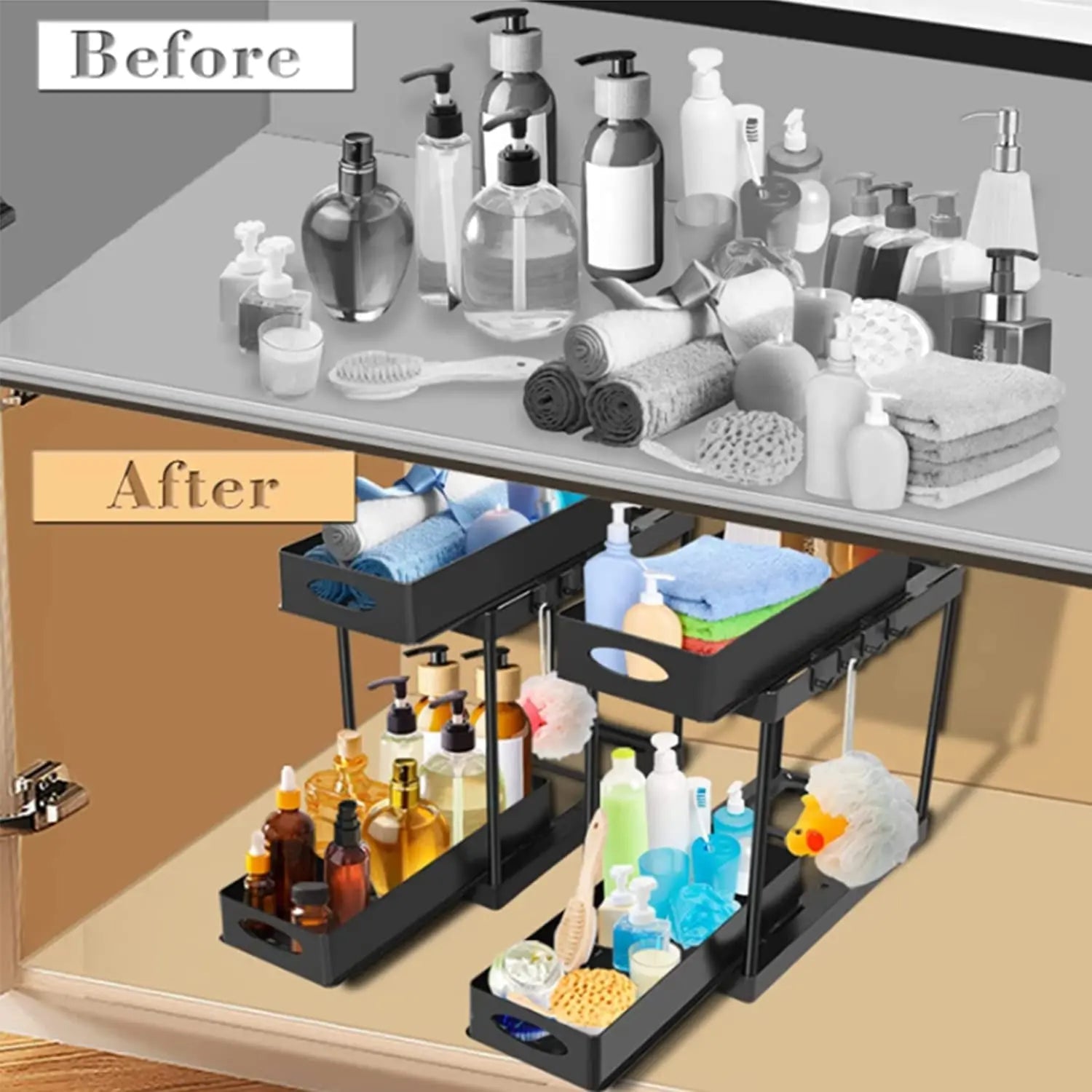 2-Tier Kitchen Spice Oil Rack ,Double Sliding Pull Out Spice Rack,Pull Out Oil Rack with 4 Hanging Hooks, Black