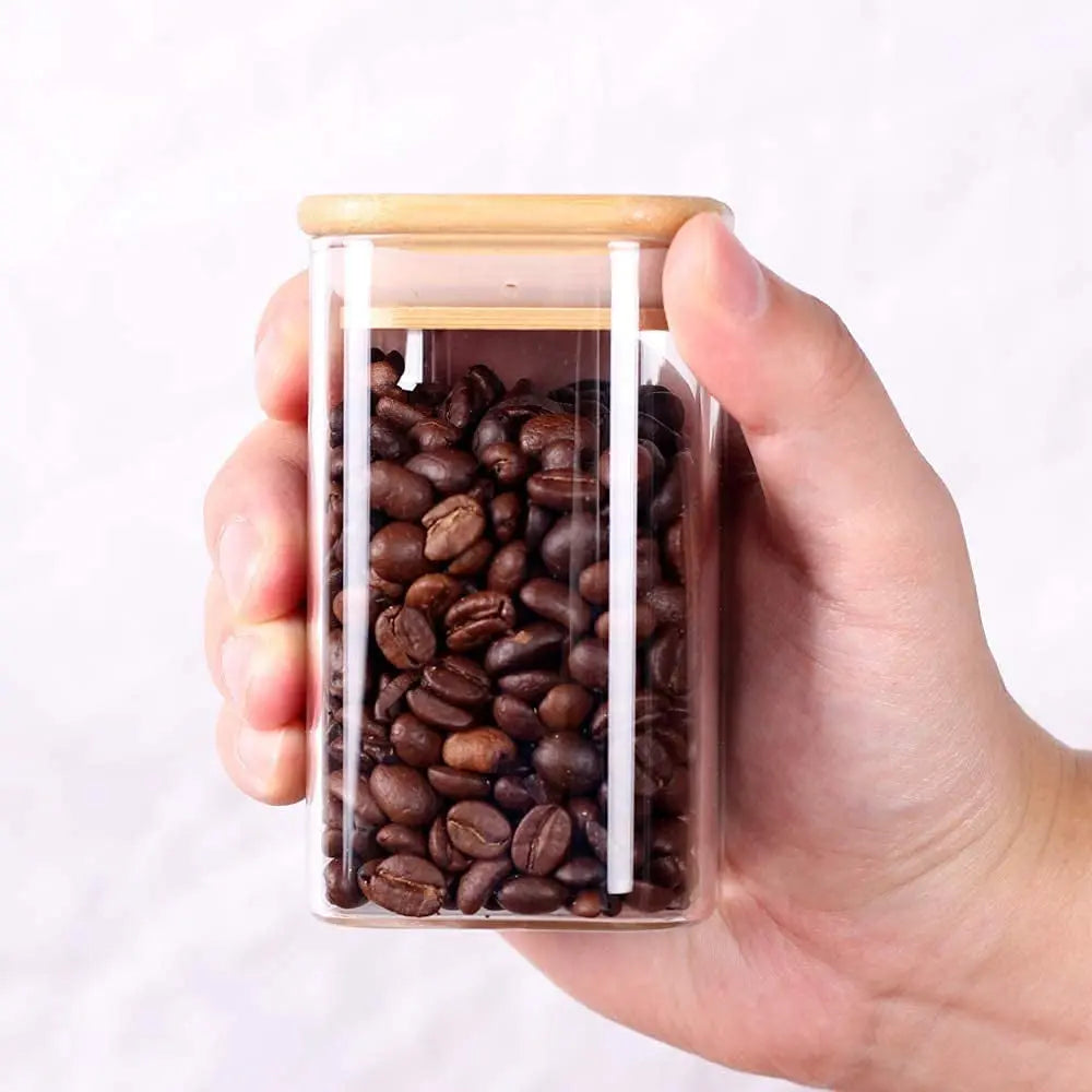 10 Piece Glass Spice Jars with Bamboo Lid, 8Oz Square Glass Storage Jars with Wooden Lid, Mini Jars with Label for Kitchen Pantry, Suit for Sugar, Salt, Coffee, Tea, Dry Food Storage