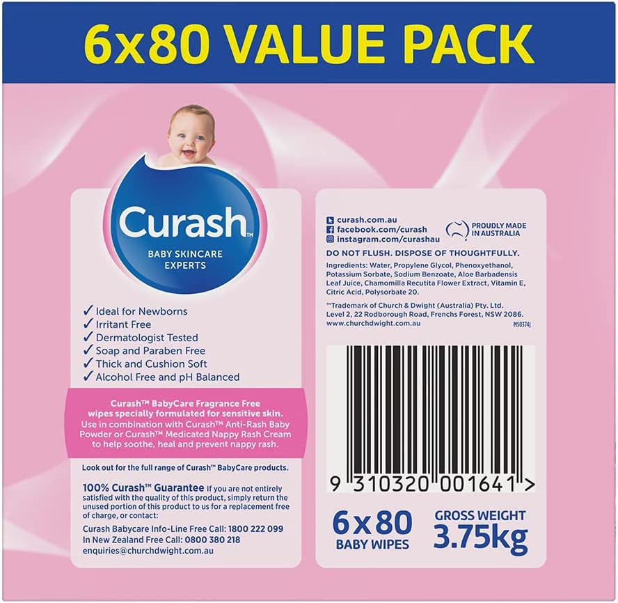 Fragrance Free Baby Wipes, 480 Wipes (6 X 80 Pack)