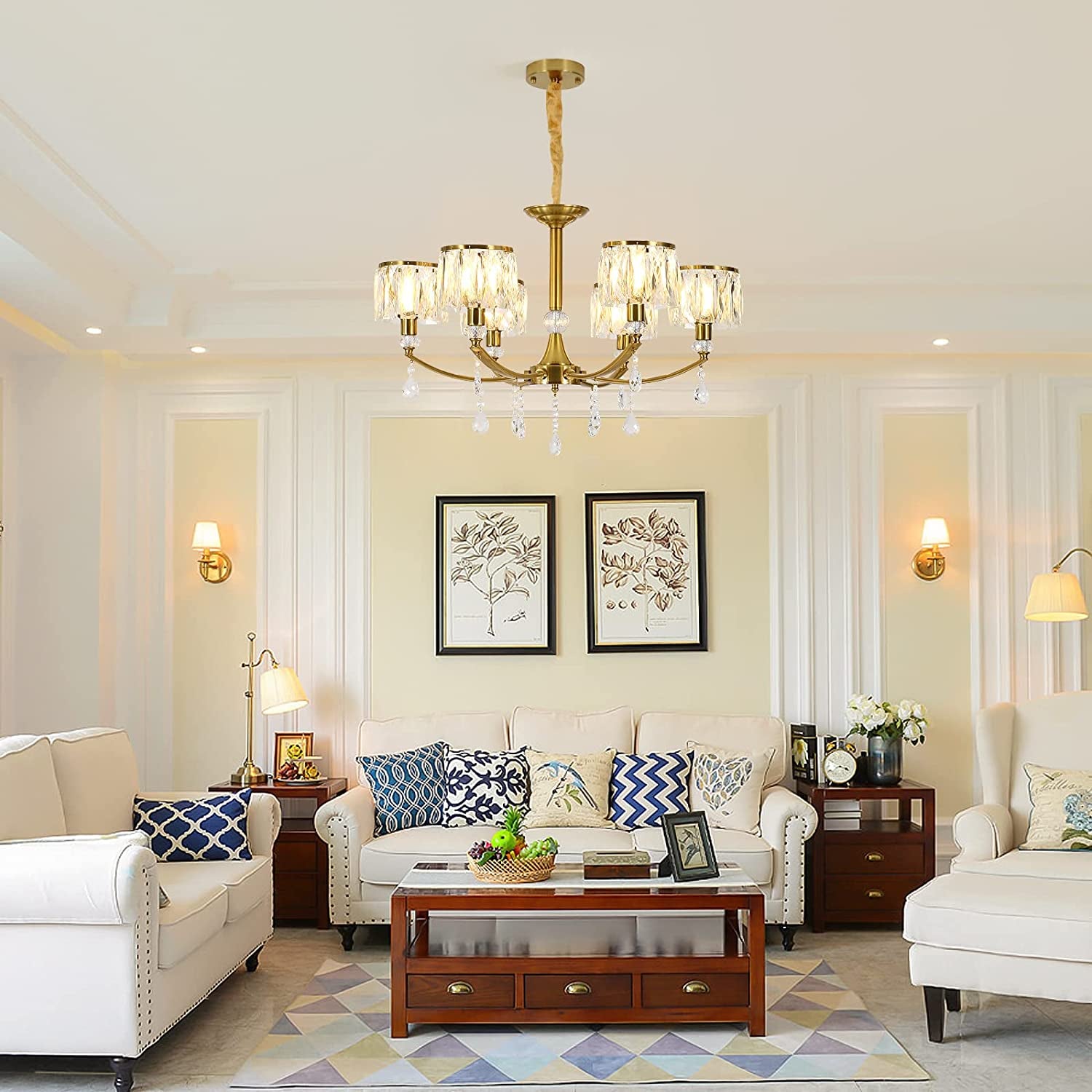 Gold Chandelier,6 Lights Wagon Wheel Chandeliers with Clear Crystal Shades,Modern Mid Century Hanging Pendant Light Fixture for Dining Room Living Room Bedroom(E14 Base)