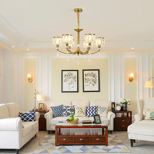 Gold Chandelier,6 Lights Wagon Wheel Chandeliers with Clear Crystal Shades,Modern Mid Century Hanging Pendant Light Fixture for Dining Room Living Room Bedroom(E14 Base)