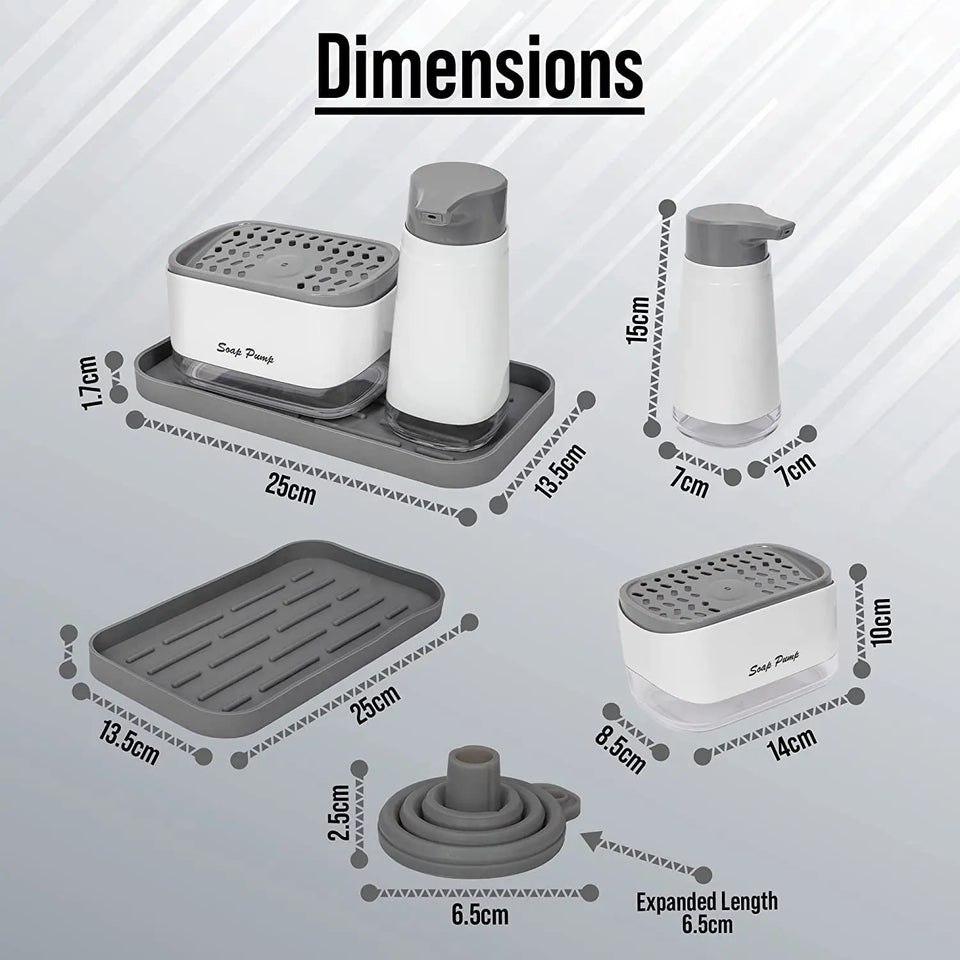 Kitchen Sink Caddy Set - Rust-Proof Dishwashing Soap Dispenser with Sponge Holder, Liquid Hand Soap Dispenser, Silicone Tray, Funnel and Sponge. Perfect Kitchen Sink Organiser by