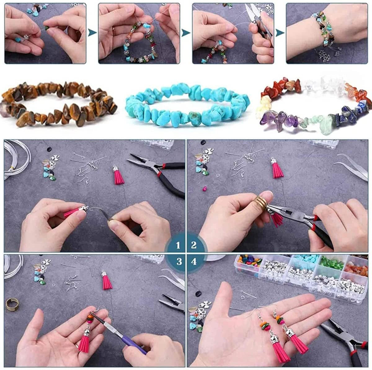 Gemstone Beads Kit 960 Pcs Crystal Jewellery Making Kit 15 Colors Irregular Natural Chips Stone Beads with Earring Hooks, Jump Rings, Pendants Charms for Earring, Necklace, Bracelet and Jewelry Making