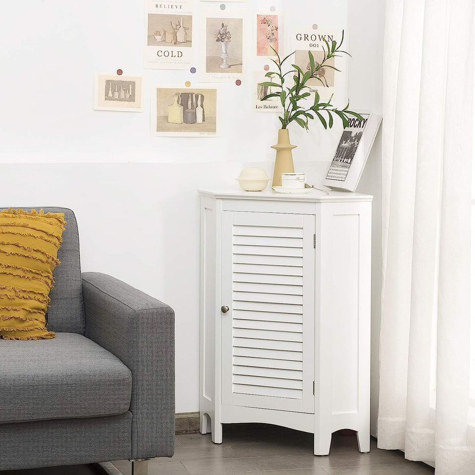 Corner Shutter Door Cabinet, Modern Bathroom Storage Oragnizer with Single Doors & 2 Shelves, Free-Standing Corner Storage Cabinet for Bathroom, Kitchen, Living Room, Bedroom, White