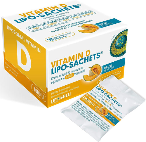 Lipo-Sachets Liposomal Liquid Gel Vitamin D3 1000IU - 30 High Potency Liposomal Vitamin D Gel Packets Melon Flavor Liquid Vitamin D Supplements. Healthy Immune System Support Vegetarian Non-Gmo