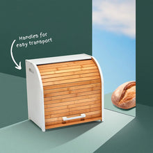Load image into Gallery viewer, Homefully Double Layer Bread Box for Kitchen Storage &amp; Organisation with Chopping Board, 2 Layer Extra Large Wooden Roll Top Bread Bin
