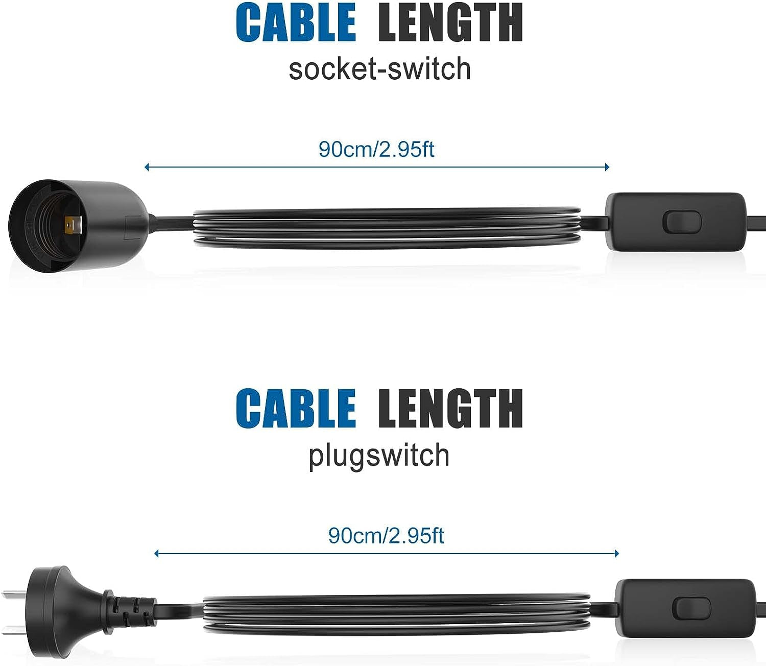 2PCS E27 Cable Cord with Switch, 1.8 Meter E27 Lamp Holder Hanging Cable Cord, Extension Lamp Base Bulb Holder Socket On/Off Switch & AC AU Power Plug for Bedroom Kitchen Plant Growth DIY Hanging, Black