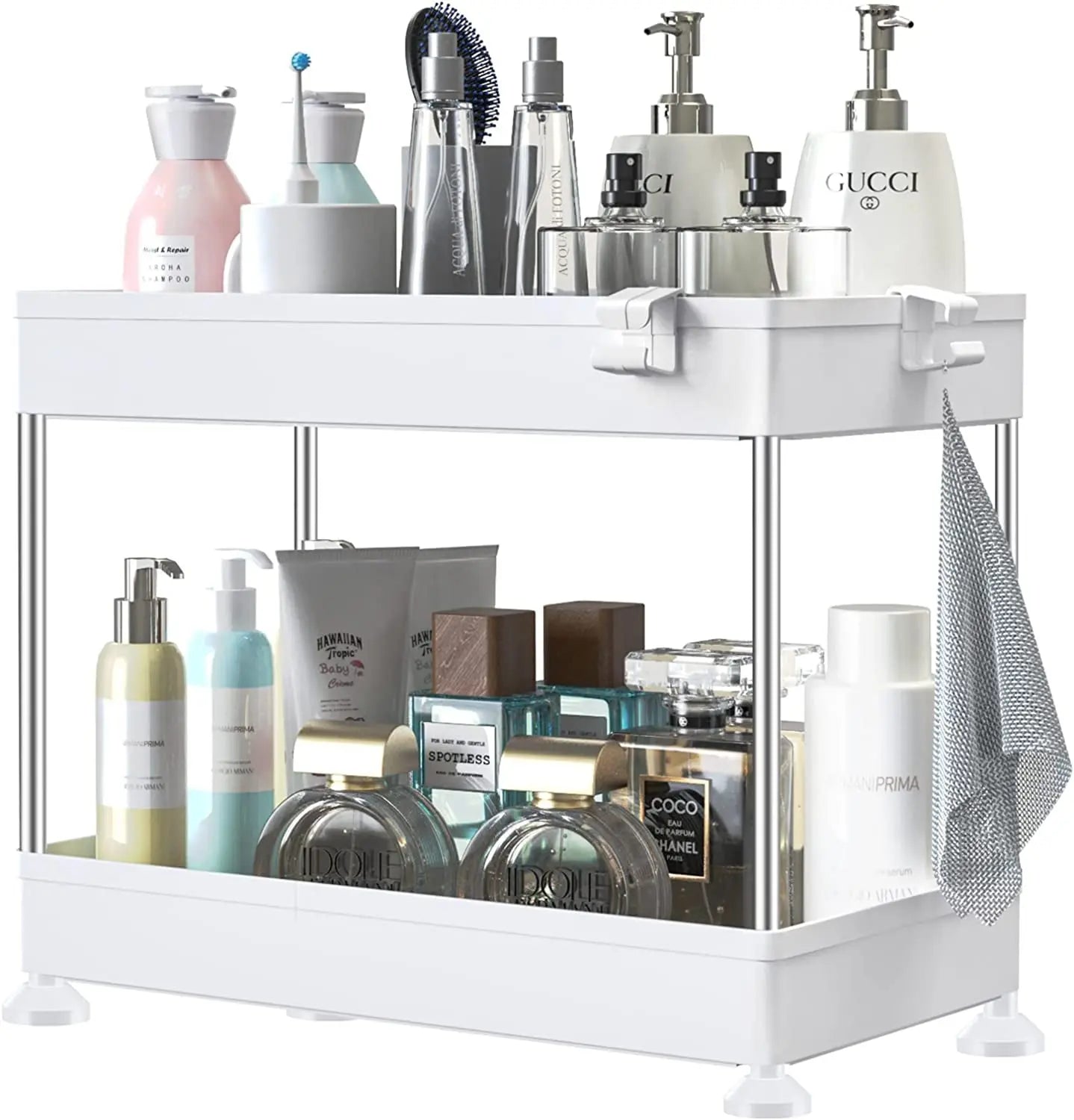 under Sink Organizer Storage,2 Tier Bathroom Organizer Kitchen Storage Rack with Hooks, Hanging Cup, Dividers,Multi-Purpose Bath Collection Baskets for Bathroom Kitchen (White)