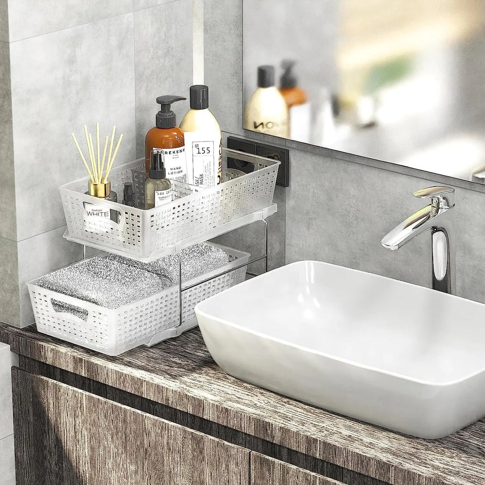 2 Tier Bathroom Organizer Tray Pull-Out Sliding Drawer/Under-Sink Storage, Clear
