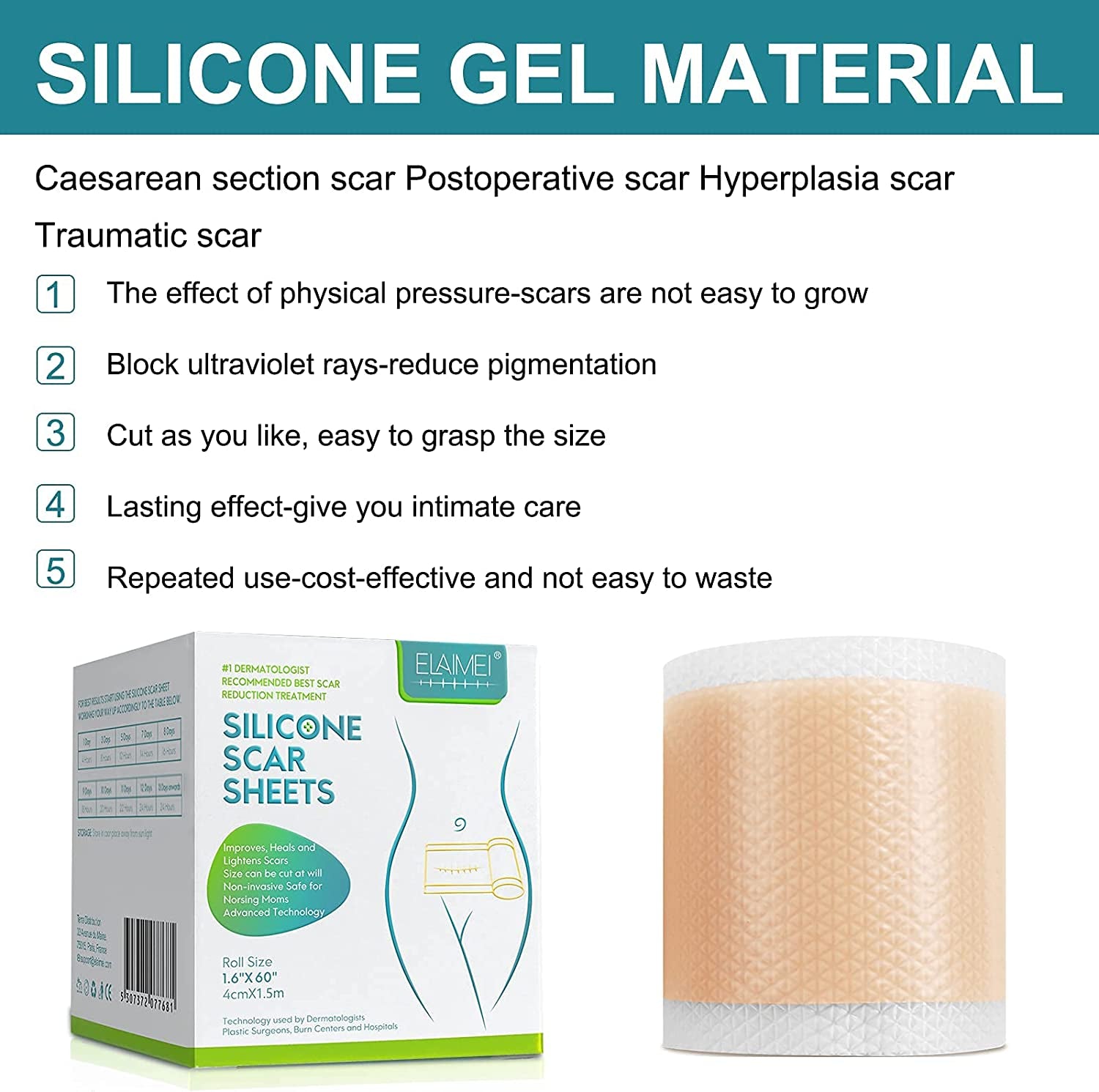 Silicone Scar Sheets,Scar Removal,Silicone Scar Tape Roll for C-Section,Professional Painless Silicone Keloid Scars from Surgery, Burn, Acne Et (1.6” X 60”Roll-1.5M)