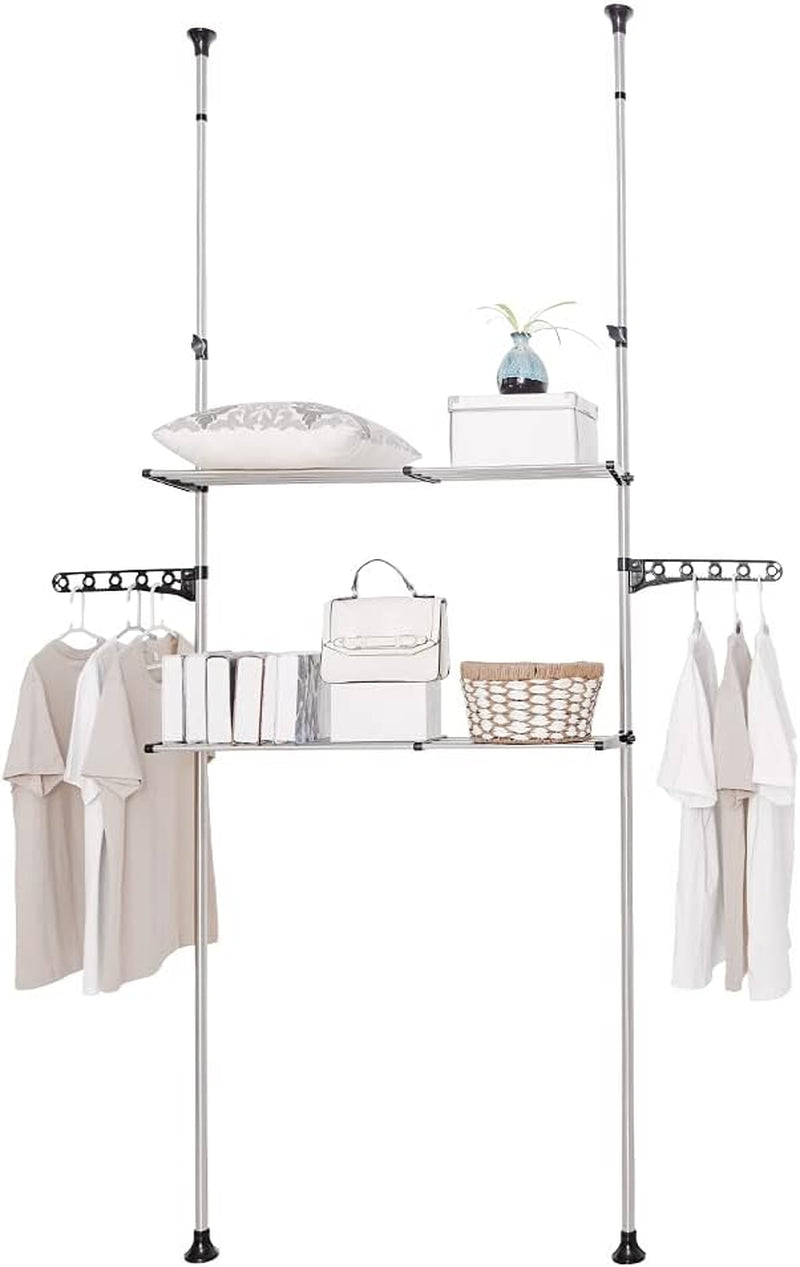 2-Layer Expandable Laundry Shelf over Washing Machine Storage Rack Tension Pole Space Saver Bathroom Organizer with Towels Clothes Hanger Hook