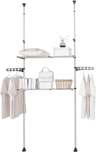 2-Layer Expandable Laundry Shelf over Washing Machine Storage Rack Tension Pole Space Saver Bathroom Organizer with Towels Clothes Hanger Hook