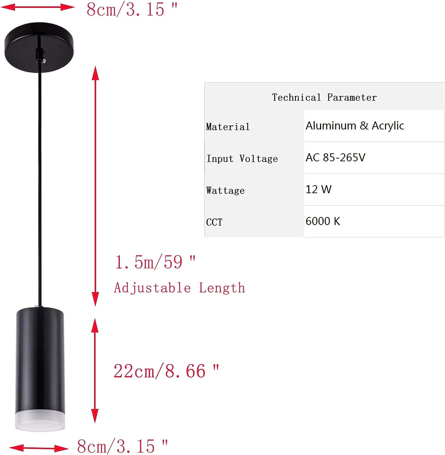 12W Modern LED Cylindrical Acrylic Pendant Lighting Ceiling Spot Lights Downlight Hanging Lamp for Kitchen Island Bar Living Dining Room Light Fixtures - Cold White