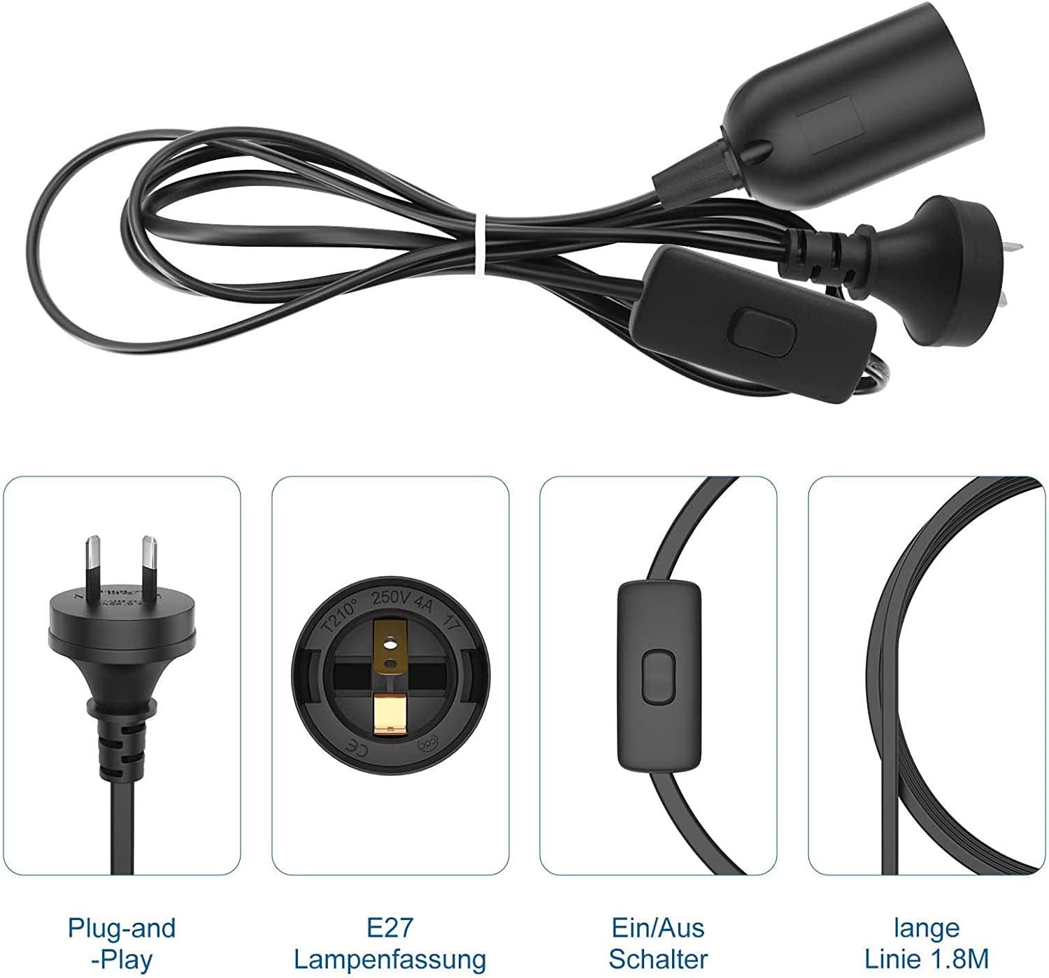 2PCS E27 Cable Cord with Switch, 1.8 Meter E27 Lamp Holder Hanging Cable Cord, Extension Lamp Base Bulb Holder Socket On/Off Switch & AC AU Power Plug for Bedroom Kitchen Plant Growth DIY Hanging, Black