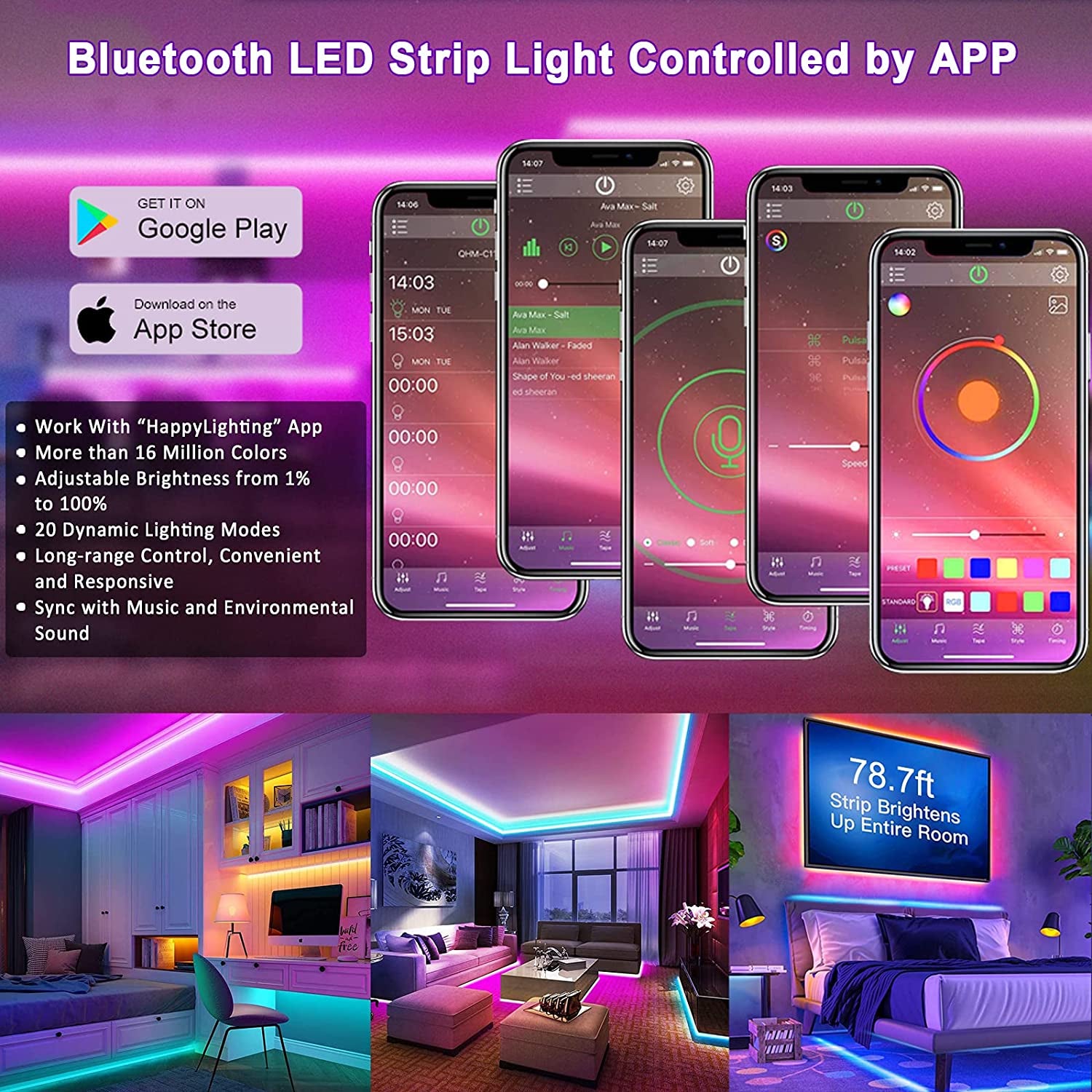 20M/65.6Ft Bluetooth Led Strip Light? Music Sync Flexible Color Changing RGB 5050 12V Rope Light Strips Kit with IR Remote App Control for Home, DIY Decoration