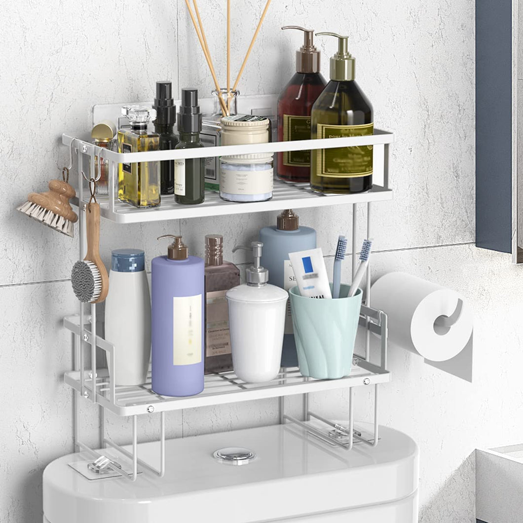 Over the Toilet Storage Shelf, 2-Tier Bathroom Storage Organizer Upgrade Punch-Free Toliet Storage Shelf, Home Storage Rack with Hooks Shelf (White)