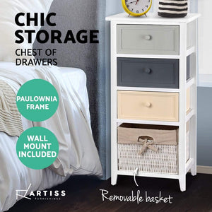 Chest of Drawers Storage Cabinet, Wood Tallboy Bedside Table Nightstands Tower Dresser Hallway Organizer Bedroom Bathroom Living Room Furniture Home Organiser, with 3 Removeable Baskets White