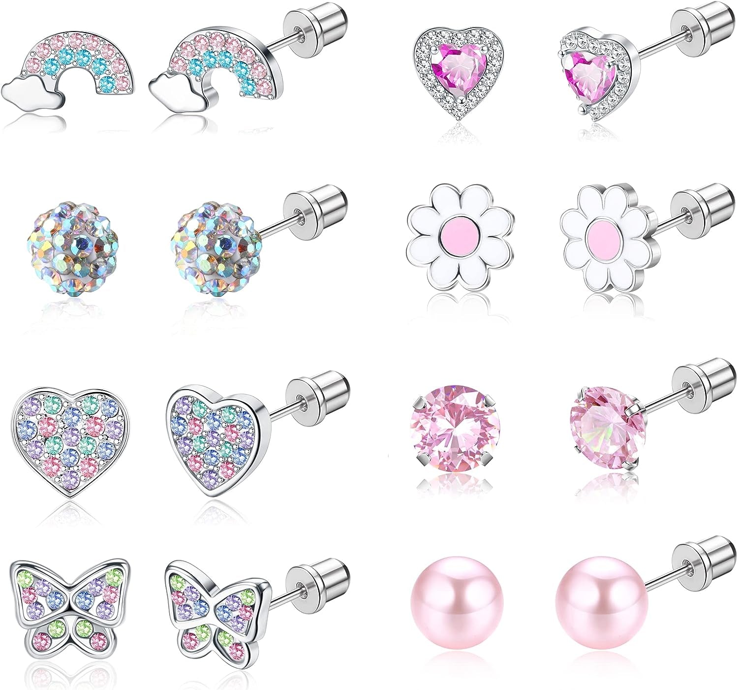 8 Pairs Stud Earrings for Women Girls Stainless Steel Hypoallergenic Earrings Multicolored CZ Screw Back Girls Earrings Rainbow Butterfly Flower Stud Earrings Set Girls Earrings for Kids