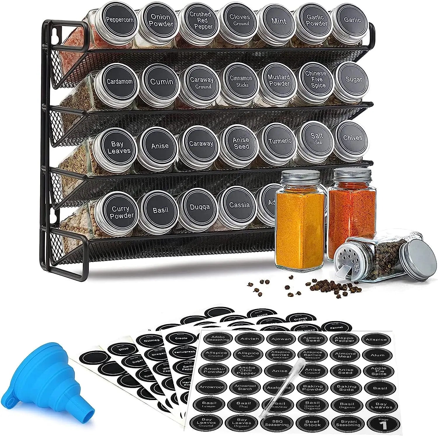 Spice Rack with 28 Spice Jars, Spice Rack Organizer for Cabinet, Spice Jars with Labels, 432 Spice Labels, 4 Tier Seasoning Organizer for Countertop, Cabinet, Kitchen, Pantry, Cupboard