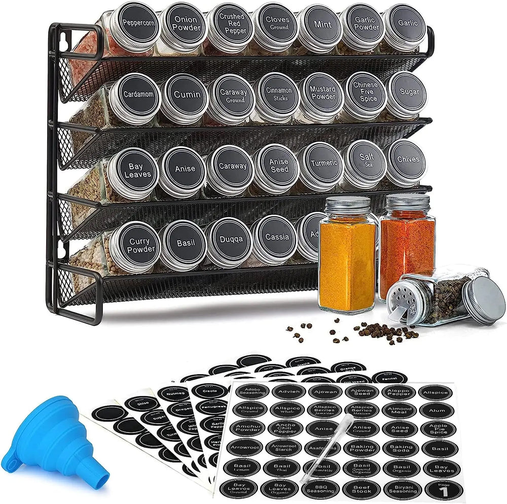 Spice Rack with 28 Spice Jars, Spice Rack Organizer for Cabinet, Spice Jars with Labels, 432 Spice Labels, 4 Tier Seasoning Organizer for Countertop, Cabinet, Kitchen, Pantry, Cupboard