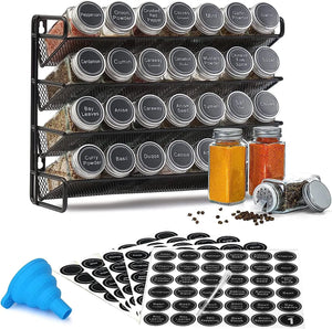 Spice Rack with 28 Spice Jars, Spice Rack Organizer for Cabinet, Spice Jars with Labels, 432 Spice Labels, 4 Tier Seasoning Organizer for Countertop, Cabinet, Kitchen, Pantry, Cupboard