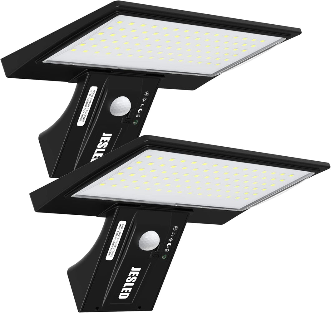 Solar Lights Outdoor Motion Sensor, 90 LED Solar Powered Exterior Wall Security Light Waterproof for Porch Yard Patio Garage, Dusk-To-Dawn, 6000K, USB Charging & Emergency Lighting 2 Pack