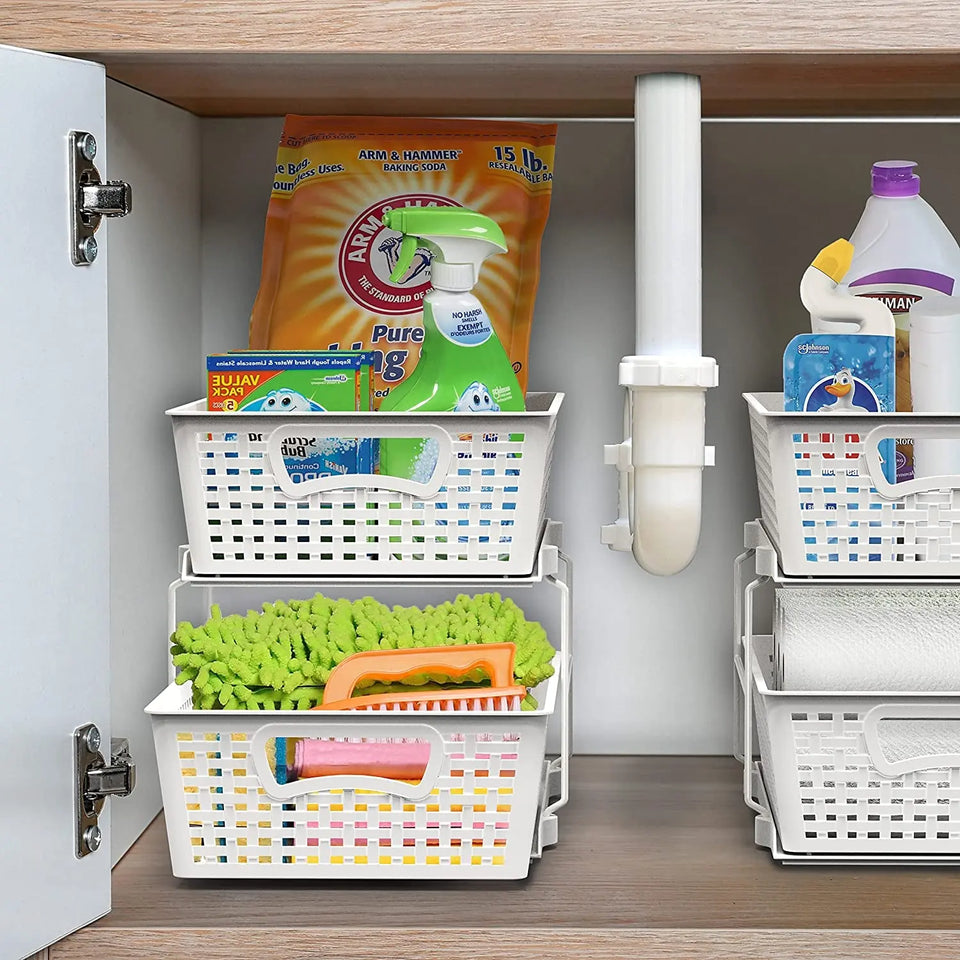 Simplehouseware 2 Tier Bathroom Organizer Tray Pull-Out Sliding Drawer/Under-Sink Storage, White
