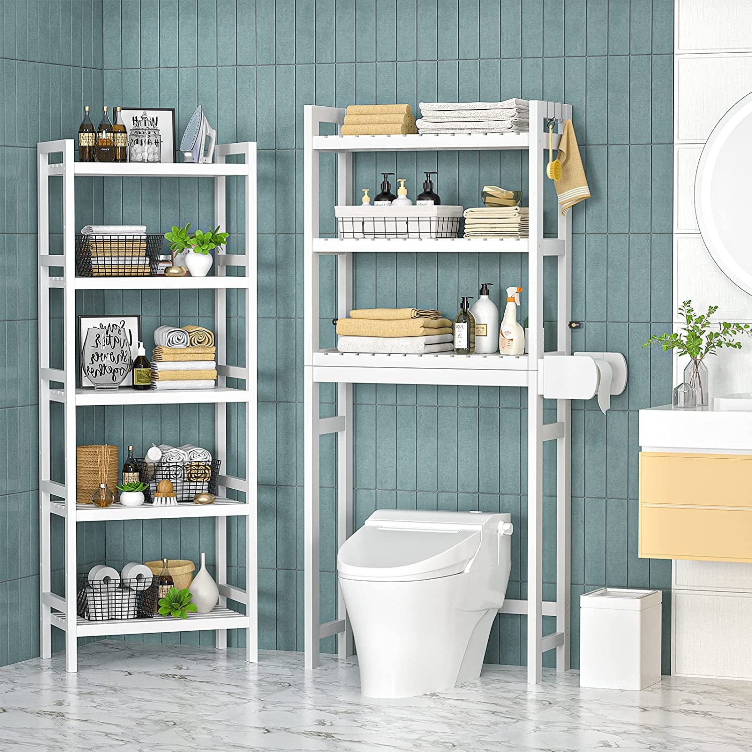 over the Toilet Storage, 3-Tier Bamboo above Toilet Shelf with Toilet Paper Holder, Bathroom Free Standing Space-Saving Rack Organizer with 3 Hooks for Restroom, Laundry, White