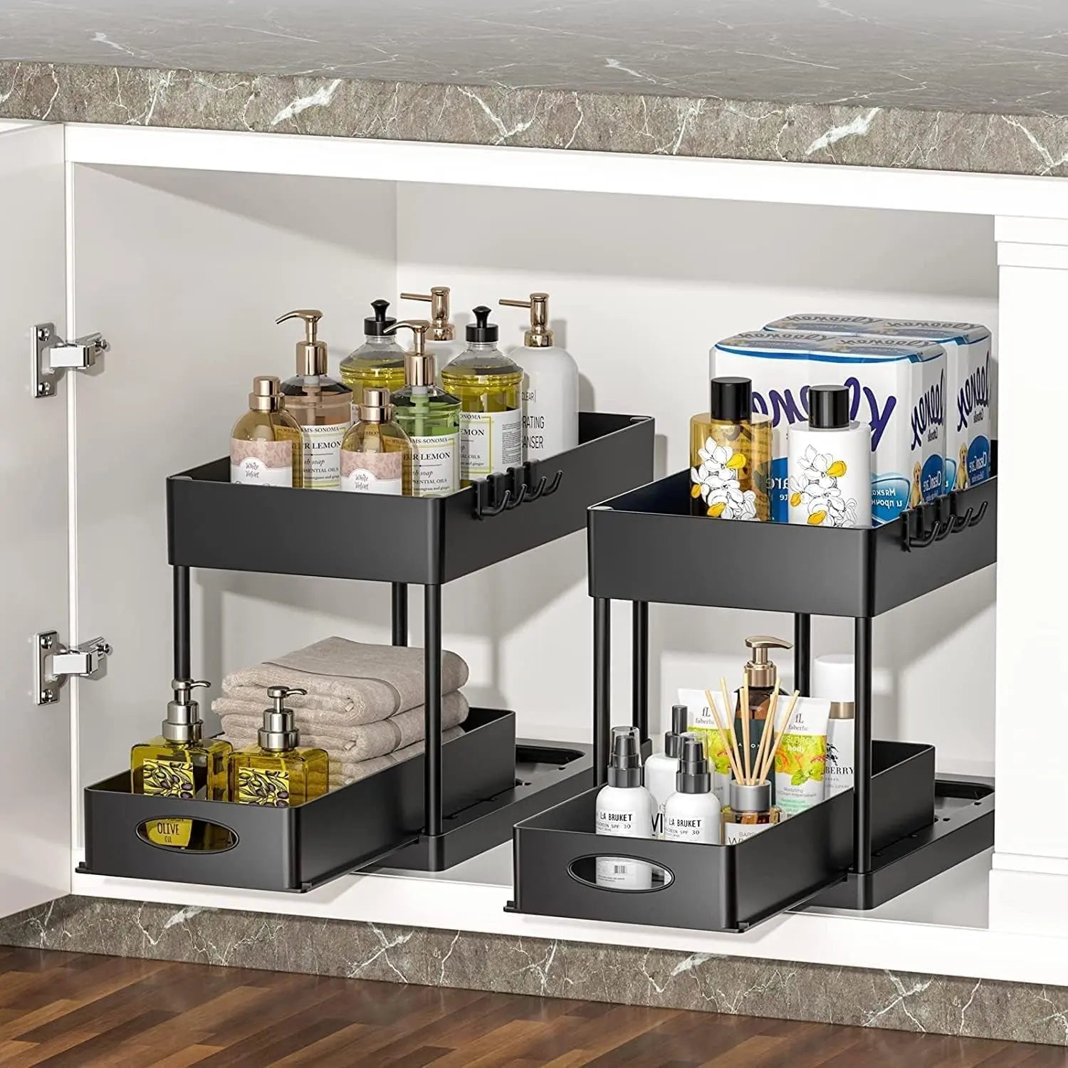 under Sink Organizers and Storage Pull Out Sliding Drawers,2 Tier Under-Sink Organizers with Sliding Drawer with 4 Hooks,Under Sliding Cabinet Basket Organizer Holder for Bathroom Kitchen